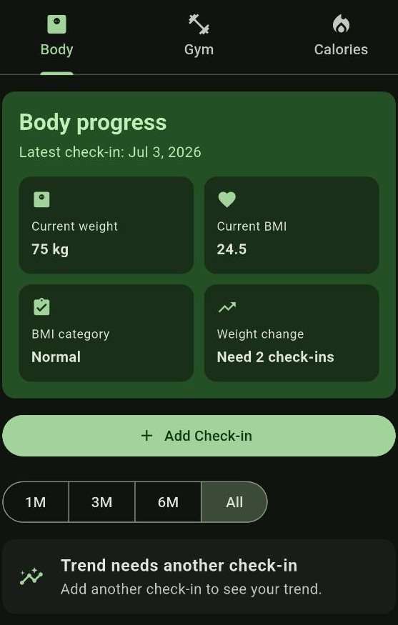 FitAI body progress dashboard with check-in and early trend state