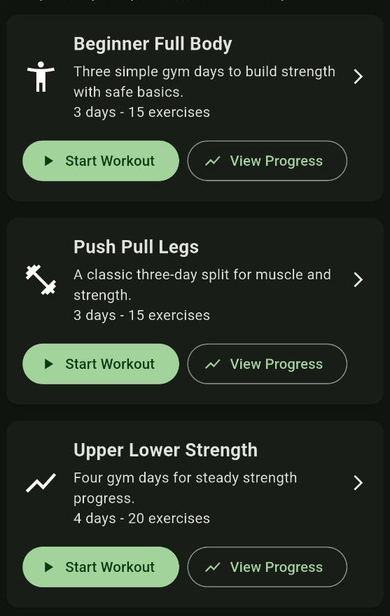 FitAI workout plans with start-workout and progress actions
