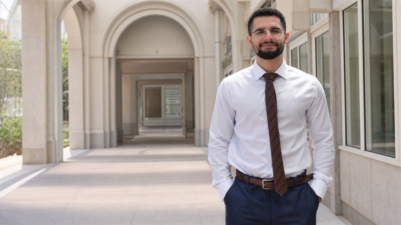 Joseph Sfeir standing in a white shirt and brown tie in a university corridor